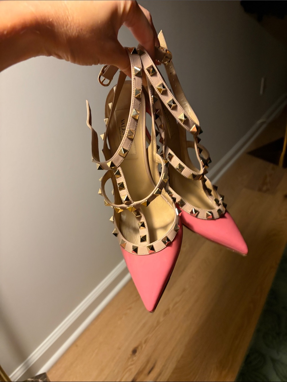 Valentino Garavani studded pink and Beige Rockstud Slingback Heels